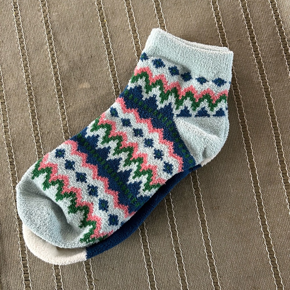 Cozy Patterned Ankle Socks - Light Blue, Pink & Green